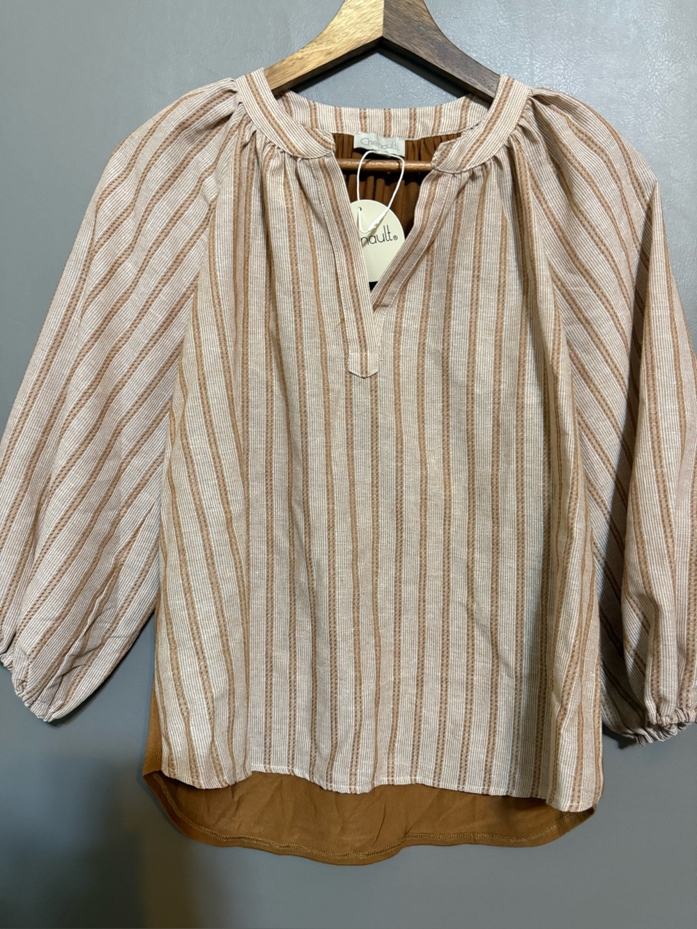 Chenault Beige & Tan Striped Peasant-Style Tunic